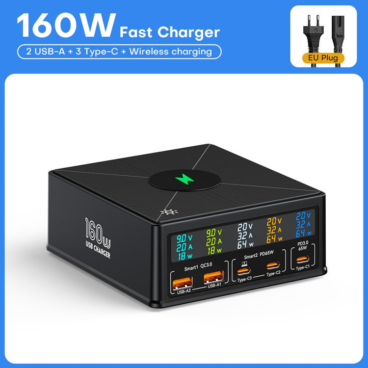 160W GaN USB Type C Phone Fast Charge Wireless Charger PD QC4.0 Quick Charger Station For iPhone 14 iPad Samsung Macbook Laptop