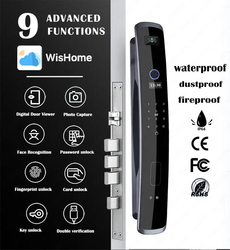 3D Face Recognition Fingerprint Electronic Smart Lock Door Visual Doorbell Remote Unlocking with Key Card Camera and Data Sim