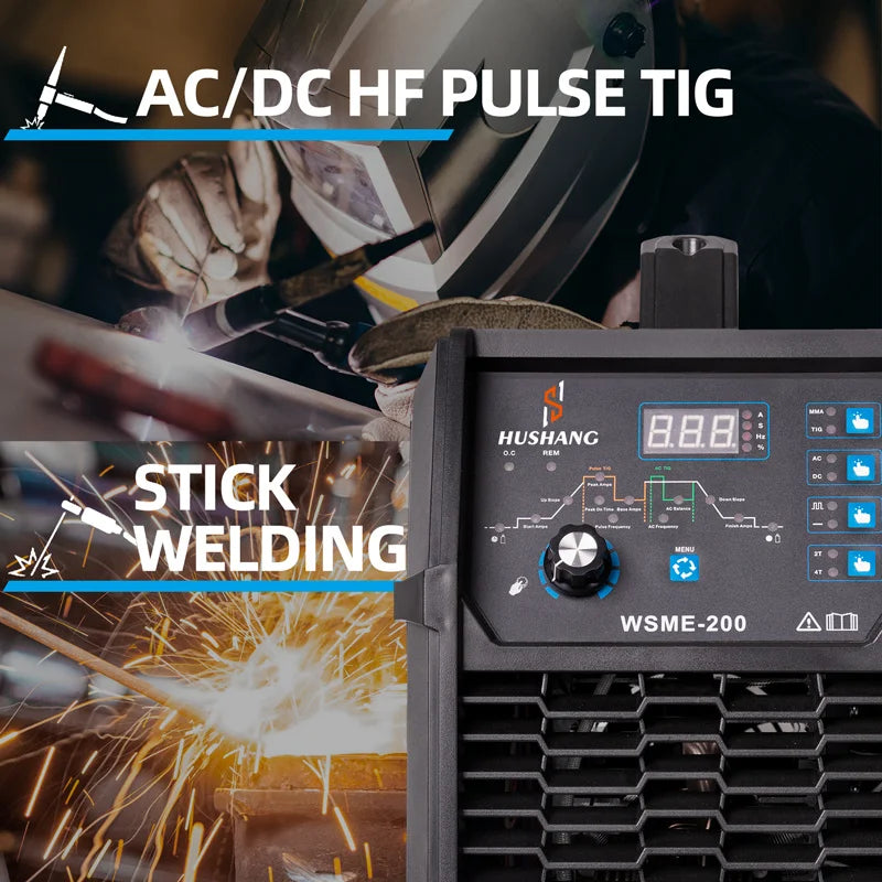Hushang WSME-200 110/220V 200Amp AC/DC Inverter Pluse Aluminum Tig Welder,TIG/Stick 2in1 IGBT Digital Inverter HF TIG Welder