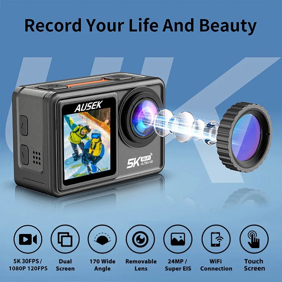 AUSEK S81TR Action Camera 5K 4K60FPS EIS Video with Optional Filter Lens 48MP Zoom 1080P Webcam Vlog WiFi Sports Cam with Remote