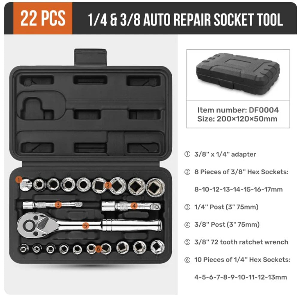 22pcs 72 Tooth Ratchet Wrenches Sockets Automotive Tool Set Ratchet Sockets Anti-shedding Mechanical Tool For Car Repair Tool