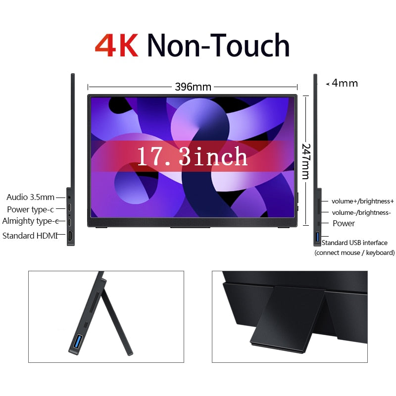 17.3inch 4K Portable Monitor Touchscreen 3840X2160 Metal With Type-c USB HDMI-Compatible Gaming Display for Laptop Xbox Switch
