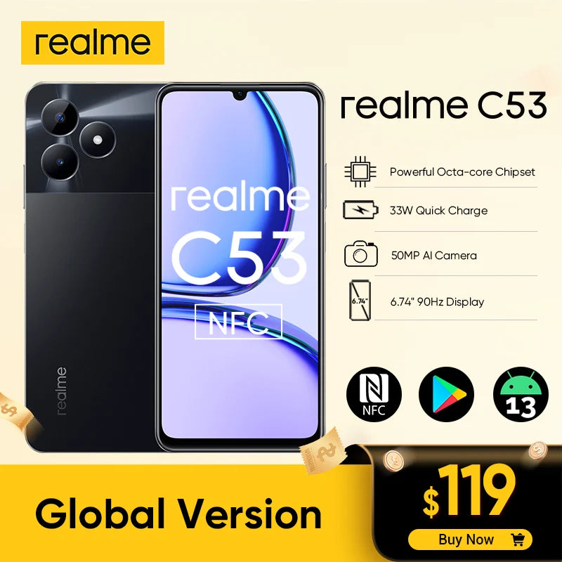 realme C53 Cellphone Octa Core Ultra Slim 33W SUPERVOOC Charge 5000mAh 50MP 6.74" HD 90 Hz Screen NFC Smartphone Mobile Phone