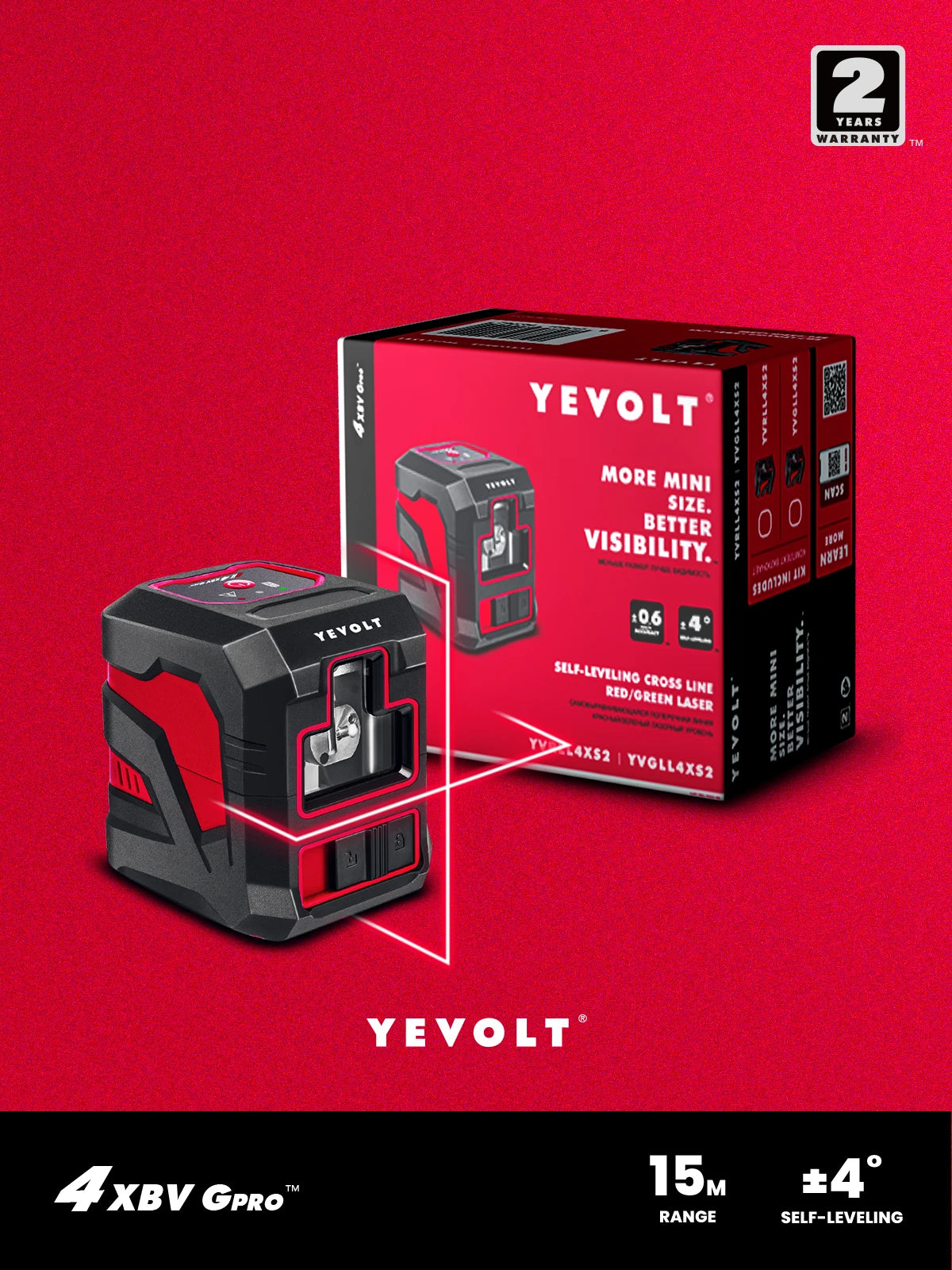 YEVOLT YVRLL4XS2 Cross Line Red Laser Level Professional High Precision Nivel Tools Mini 2-Line Measuring Machine