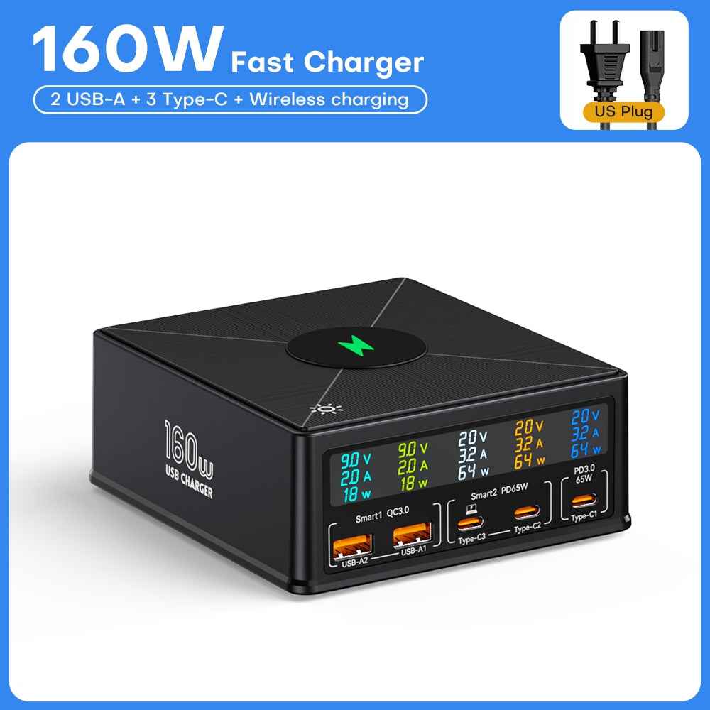 160W GaN USB Charger Station 15W Wireless Charging LCD Display USB C PD 65W QC Fast Charger for Iphone 14 Samsung Xiaomi Laptop