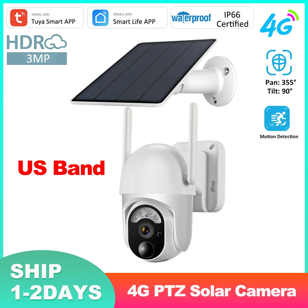 Tuya Smart 3MP 4G Solar Outdoor Camera US Band 10400mAh Battery 6W Solar Powered IP Camera Wireless Waterproof Motion Detection