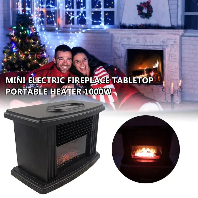 Mini Electric Fireplace Desktop Stove Heater With Realistic Flame Portable Heater 1000W Black Metal Frame Indoor  Heater