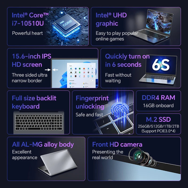 Core i7-10510U Laptop 16G DDR4 RAM Gaming Notebook Computer 15.6" IPS 8MB Cache 4.9GHz Quad Core Notebook Portable PC Ultra Slim