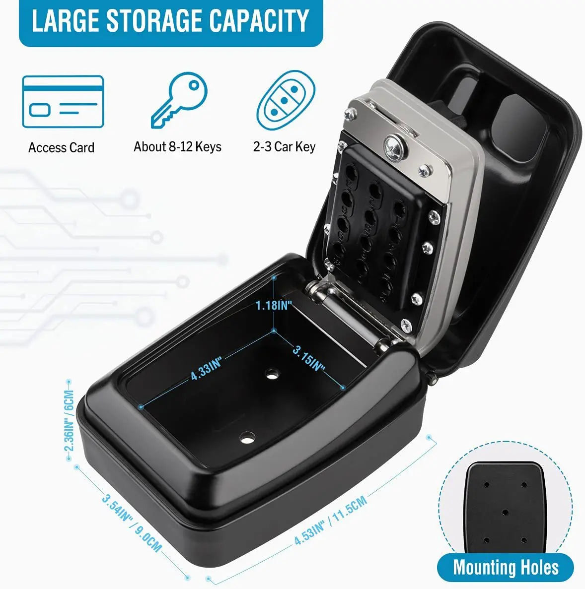 Key Lock Box Wall Mounted Waterproof 12-Digit Combination Password Lock Large Capacity Security Lockbox for Home Garage Office