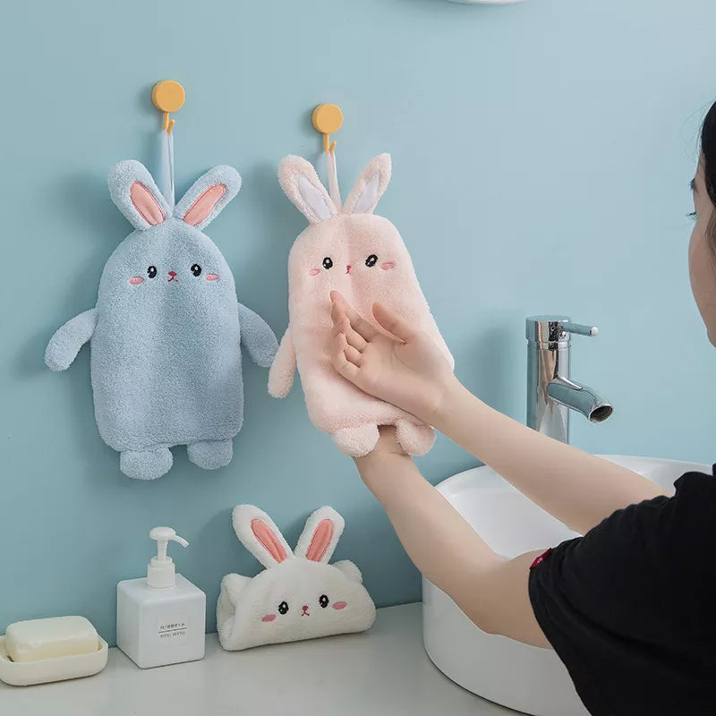Absorbent Hanging Type cute rabbit Embroidered Towelette Home Decora Dual Purpose Coral Velvet Hand Towel Bathroom Supplies