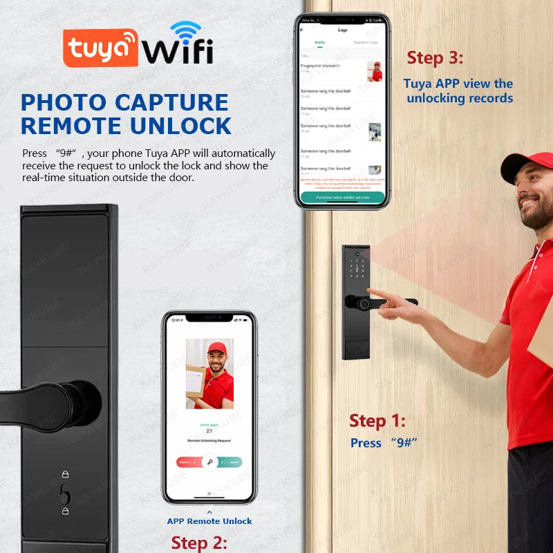 RAYKUBE P10 Tuya Wifi peephole HD Camera Fingerprint Digital Smart Door Lock With Built-in Gateway APP Remote Unlock 8-language