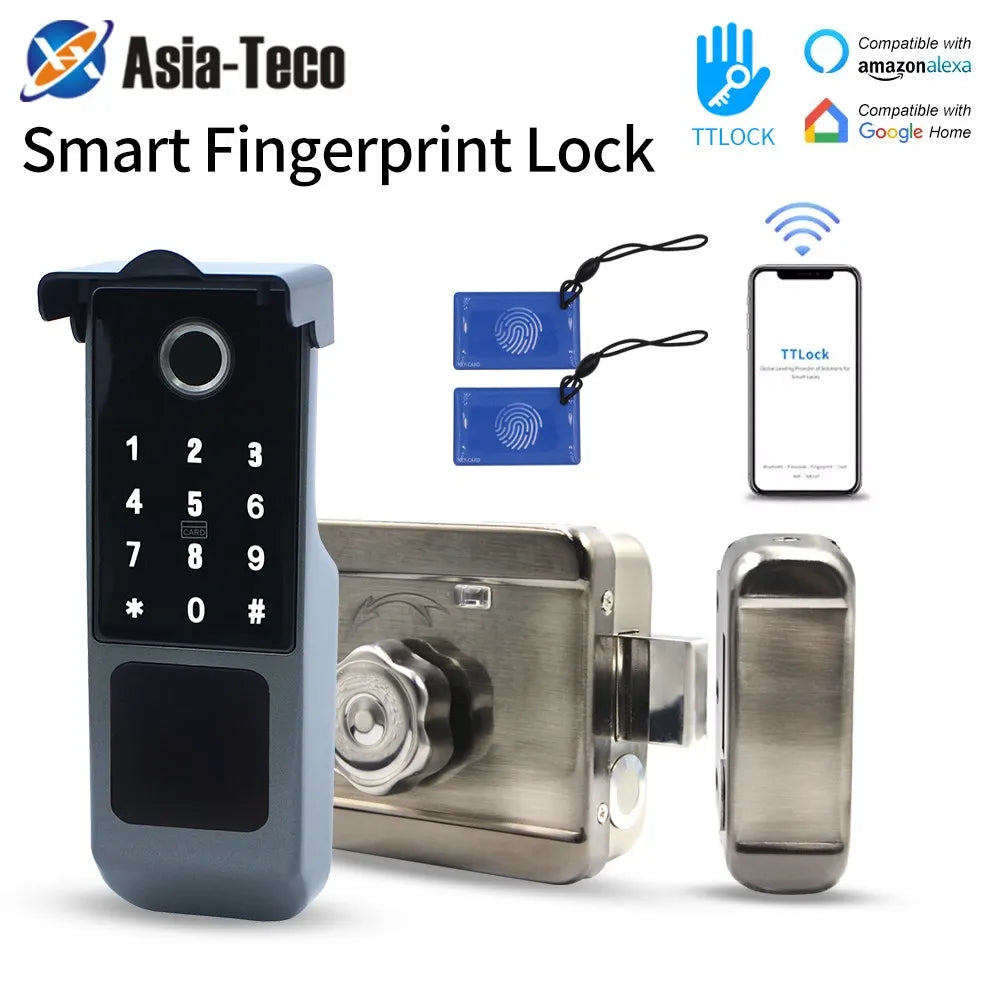 Waterproof TTLOCK Smart Fingerprint Lock Keyless Entry  Door Motor Rim Lock Bluetooth Connection by Gateway Work with Alexa Echo