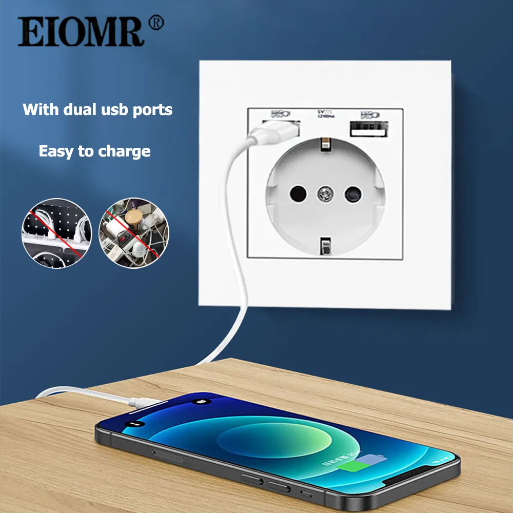 EIOMR Wall USB Power Socket 5V 2.1A EU France Electrical Outlet 16A Dual USB Port Plug IOS Android Phone Charging Port Socket