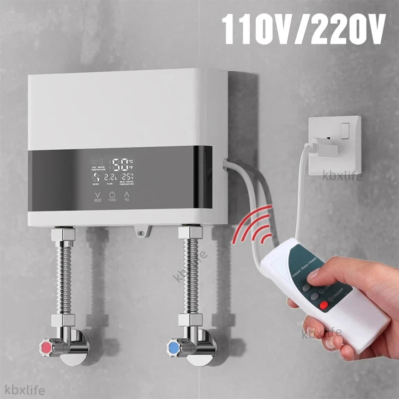 110V/220V Instant Water Heater Bathroom Kitchen Wall Mounted Electric Water Heater with Remote Control LCD Temperature Display