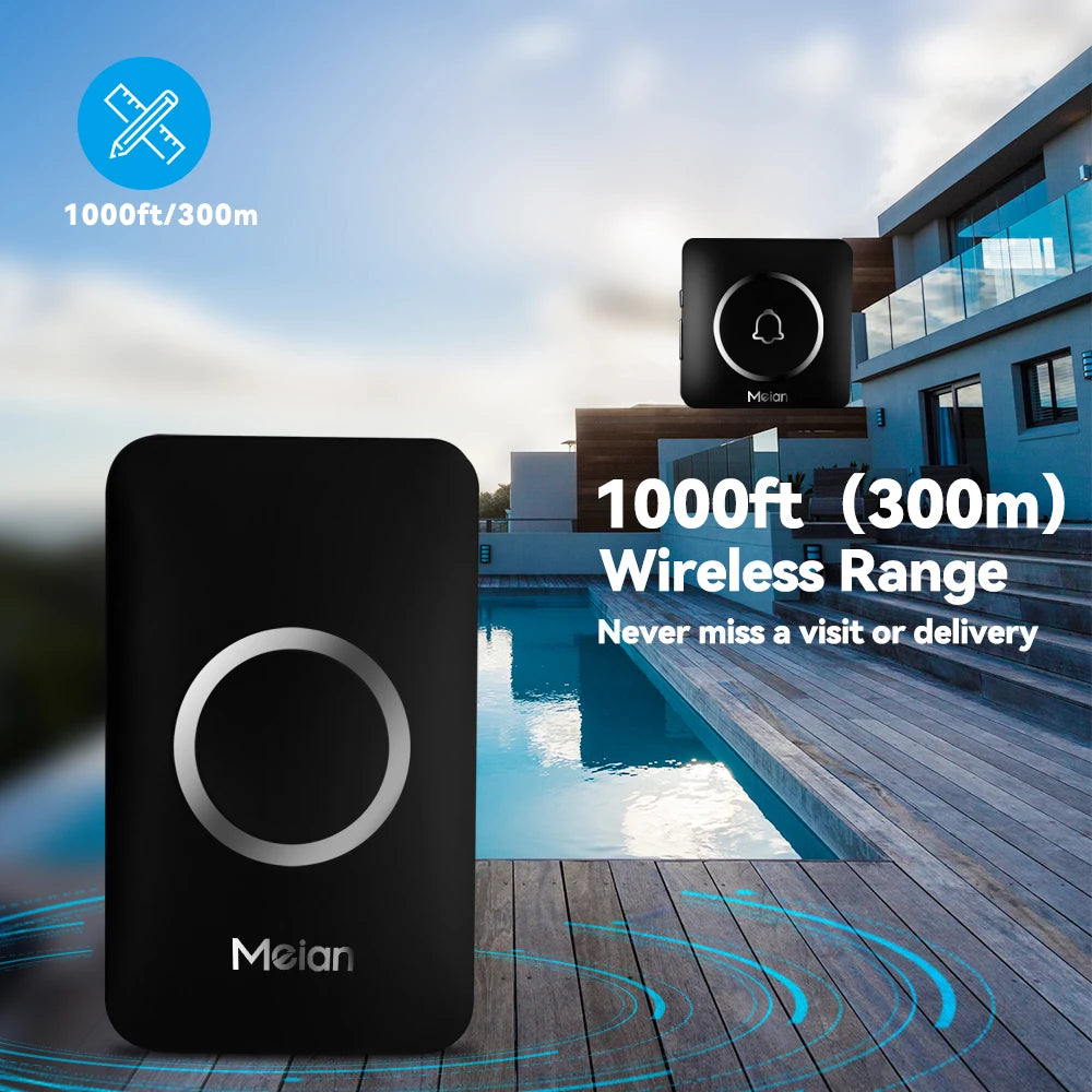 Meian Outdoor Wireless Doorbell Smart Home Welcome Doorbell IP65 Waterproof Door Bell Chime 60 Ringtone LED Flash Security Alarm
