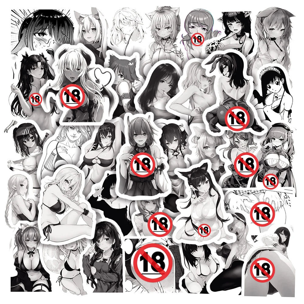 10/50/100PCS Sexy Girl Hentai Sticker Black White Anime Cartoon Decals Graffiti Skateboard Phone Car Waifu Sticker Toy for Adult