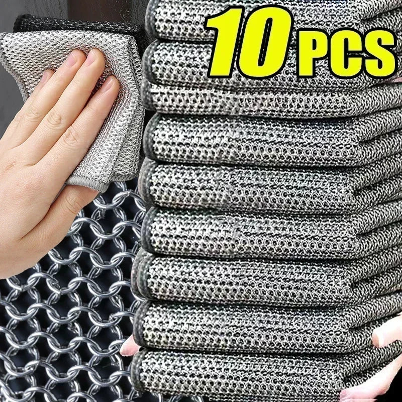 New Thickened Steel Wire Cleaning Cloth Non-Scratch Double-layer Iron Microfiber Mesh Dishrag Washing Pot Rags Kitchen Towels