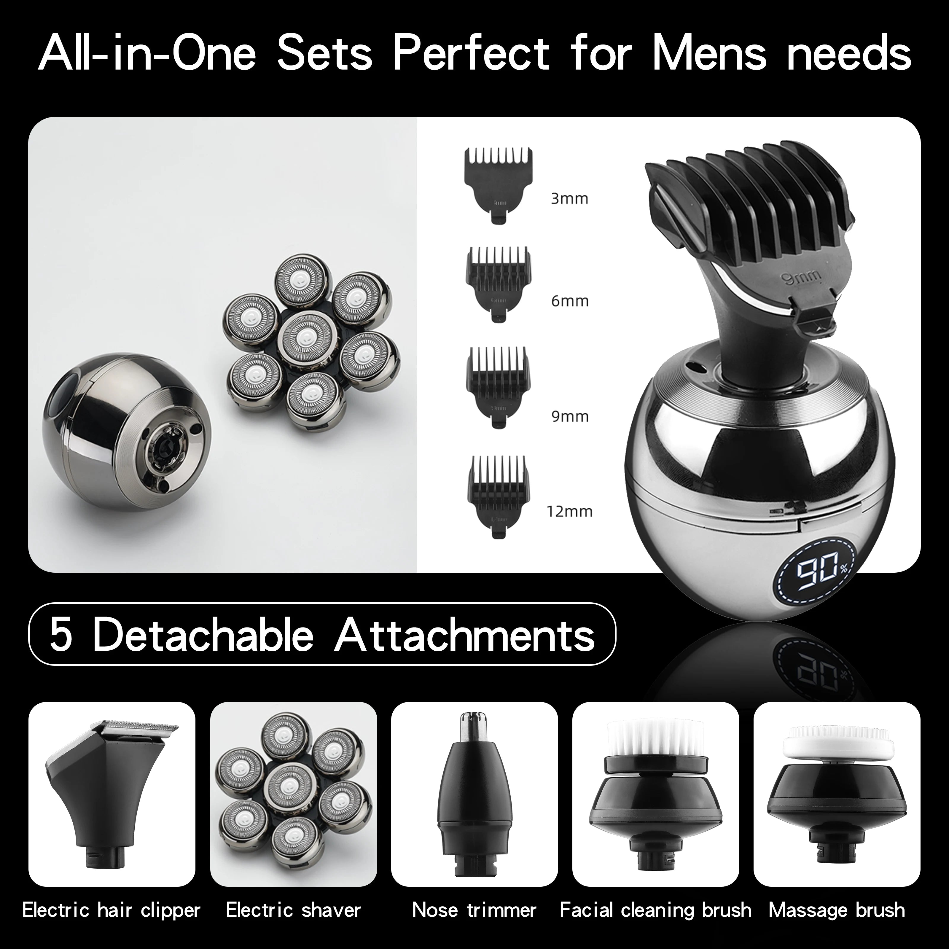 5-in-1 Electric Head Shaver for Bald Men Electric Cordless Waterproof  LCD Men's Grooming Kit With Clippers, Nose Trimmer, Brush
