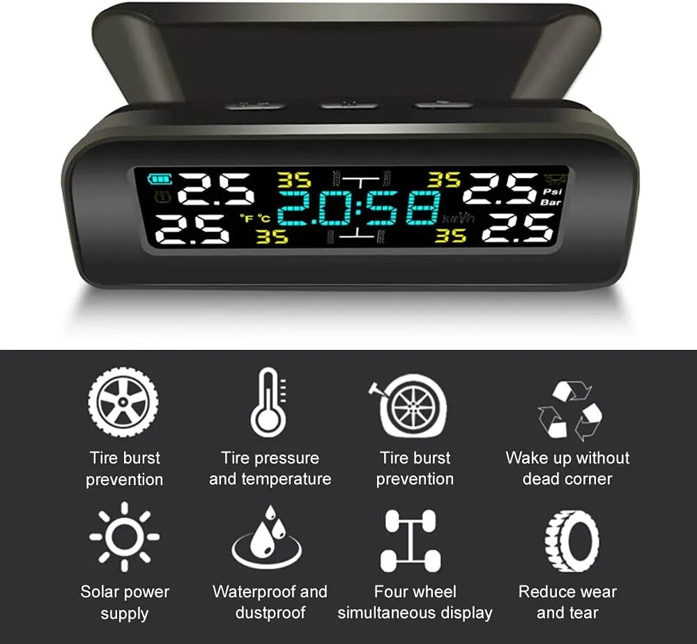 Universal Solar Power TPMS Car Tire Pressure Monitoring System Clock LCD Display TPMS Sensor Auto Security Alarm Systems