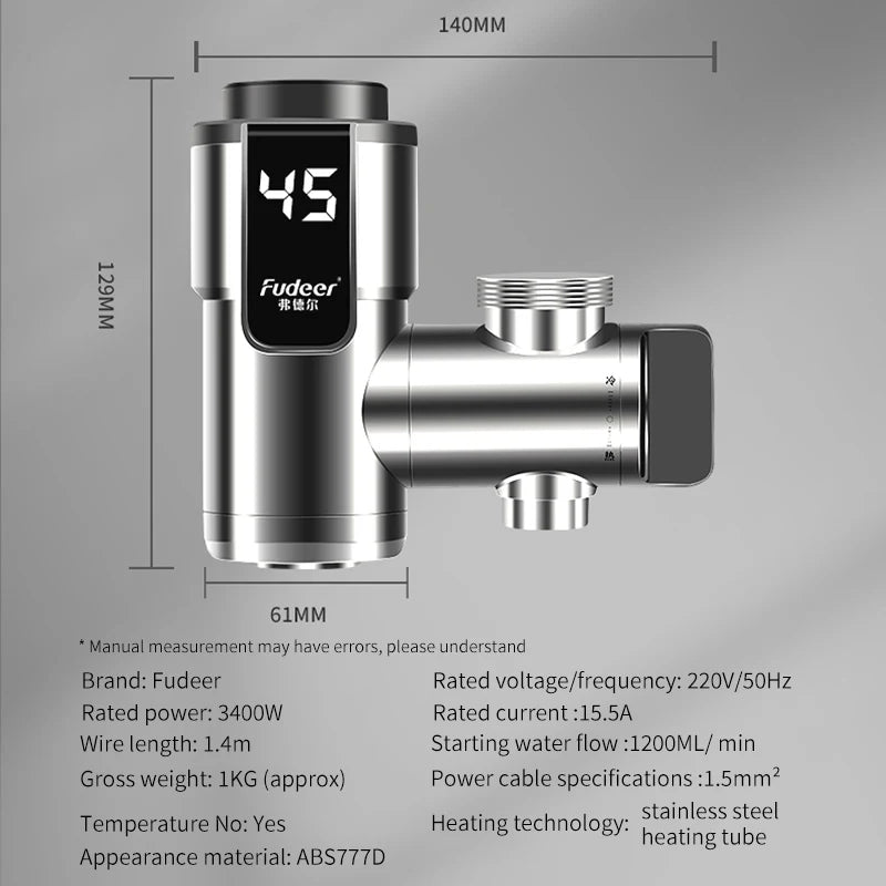 Fudeer Electric Water Heating Tap Conector Instant Hot Water Faucet Adapter 220v Free installation Tankless Water Heater 3400w