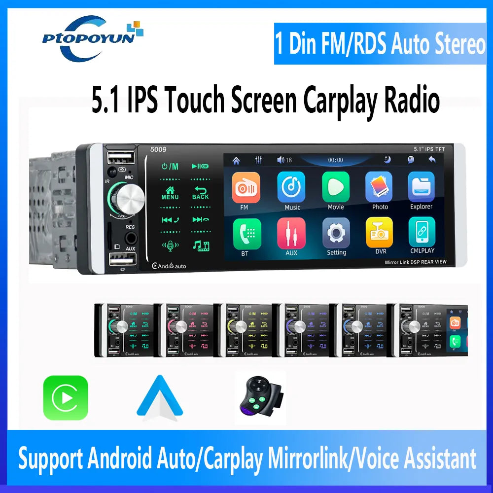 Ptopoyun 5.1 Inch Car Multimedia MP5 Player IPS Touch Screen 1 Din Radio Carplay Bluetooth Autoradio FM Audio Stereo Receiver