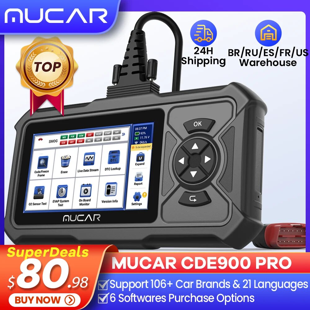 MUCAR CDE900 Pro OBD2 Scanner Auto Car Diagnostic Tools Automotive OBD Scanner Tool Code Reader 5" Touchscreen 2+32G Free Update