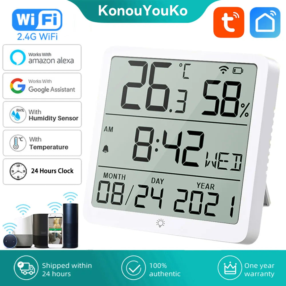 Tuya Smart Home WiFi Temperature Humidity Sensor Smart Life Indoor Thermometer 24 Hours Clock Sensors for Alexa Google Voice