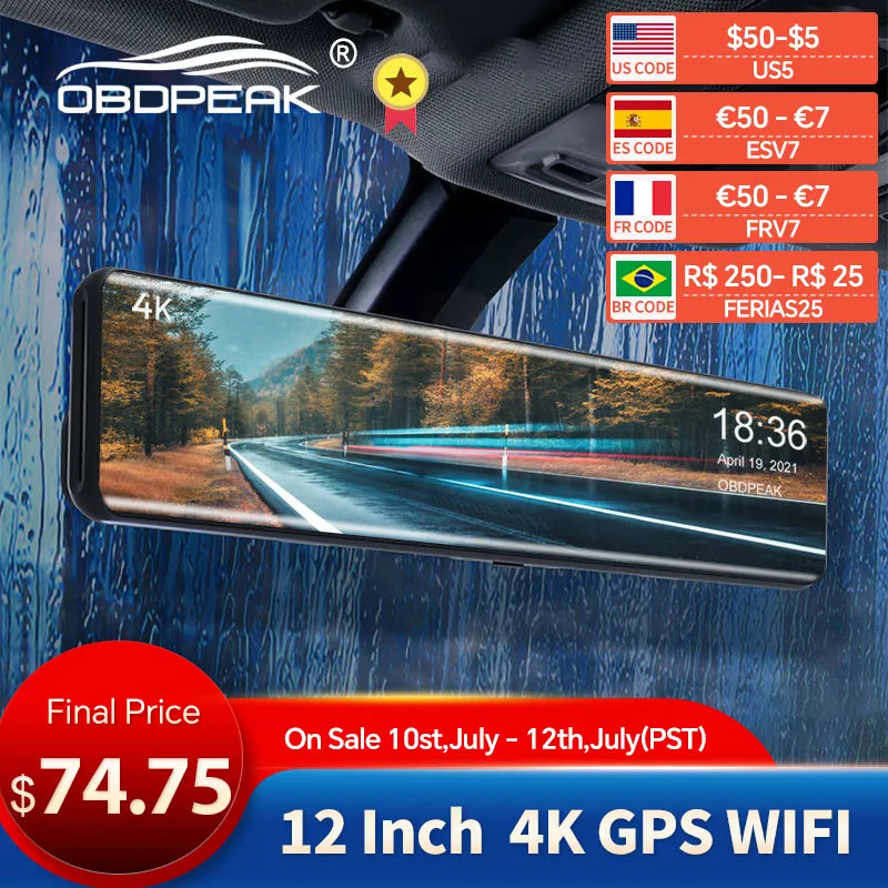 OBDPEAK H6 12" Car DVR 4K 3840*2160P Dash Cam WIFI GPS 415 Rear View Mirror 1080P Car Camera Video Recorder Park Monitor