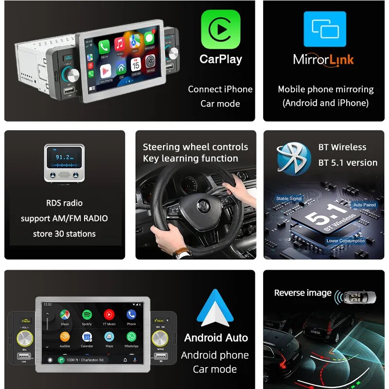 1 Din Wireless CarPlay Car Radio Bluetooth MP5 Player Android-Auto Handsfree A2DP USB RDS FM AM 5" Audio System Head Unit F158W