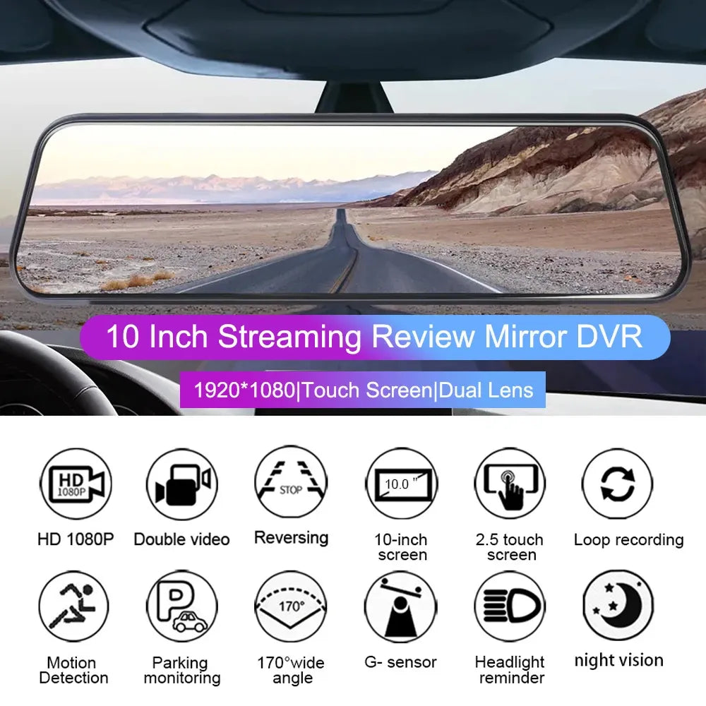 24H Surveillance Dash Cam For Car 10'' Dash Camera Video Recorder Rearview Mirror Dash Camera Front and Rear Camera Car Blackbox