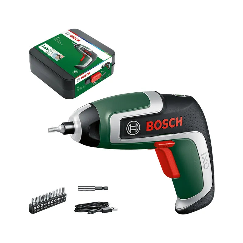 Bosch IXO7 Portable Cordless Electric Drill Screwdriver Set USB Rechargeable Multi-Tool Magnetic Power Rotate Bits 360 Angle Led