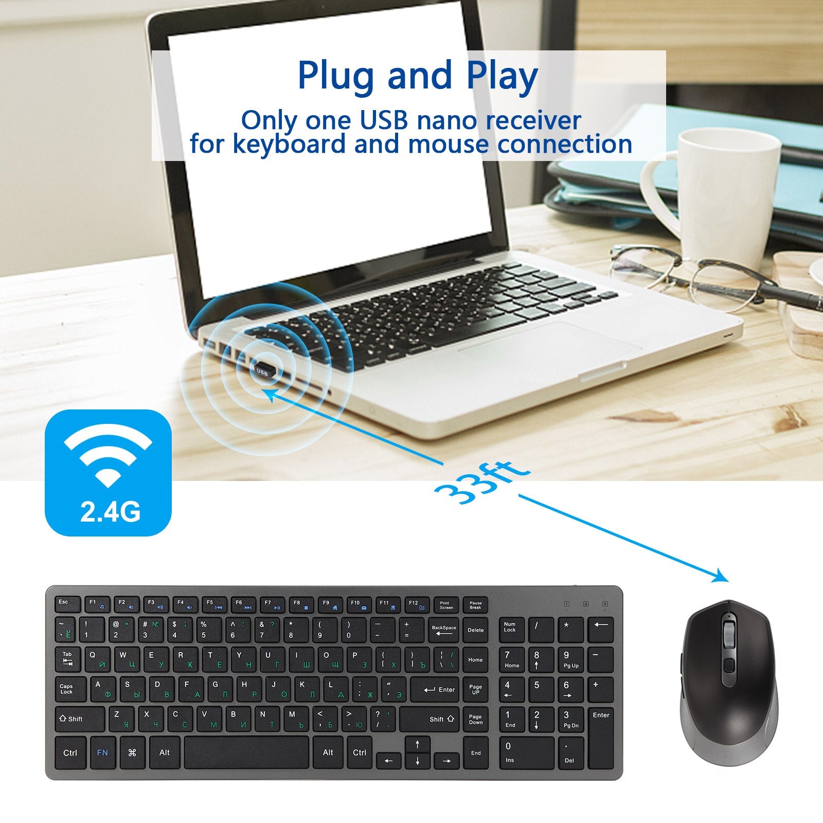 Hebrew Wireless Keyboard and Mouse Rechargeable Slim Silent Computer Keyboard Mouse Kit for Laptop PC Mac TV Box