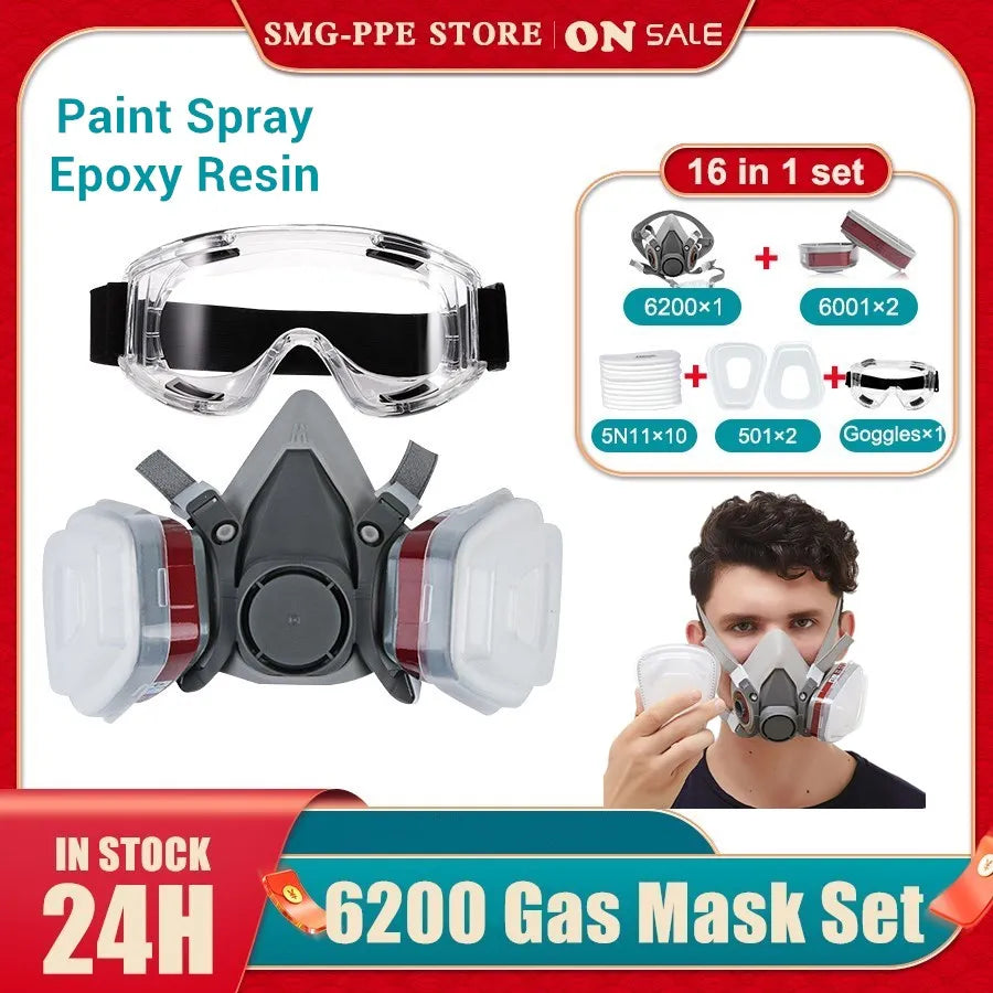 16In1 Gas Mask Paint Spray 6200 Respirator Carbon Cartridges 5n11 Dust Filters Resin Safety Eye Protection Glasses Repair