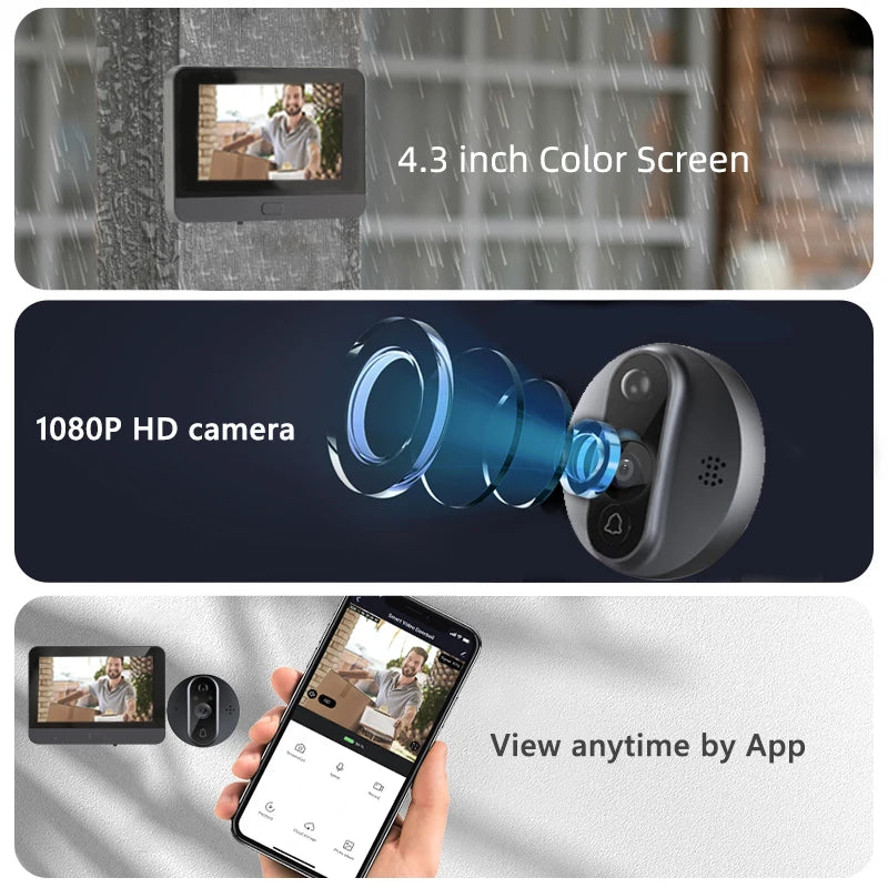 Tuya Smart Home WIFI Digital Door Peepholes Viewer 4.3 Inch HD 1080P Door Entry Wireless Doorbell WIFI Camera Digital Magic Eye