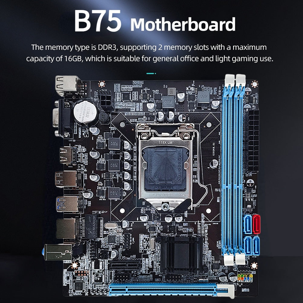 B75 Motherboard 16GB 24Pin LGA 1155 Support USB3.0 SATA3.0+VGA+RJ45+HDMI-compatible Ports with PCIe 16x Integrated Graphics