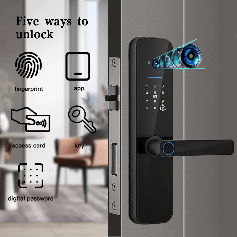 Tuya Wifi Digital Electronic Smart Door Lock With Biometric Camera Fingerprint Keyless Entry Hotel Apartment Locks