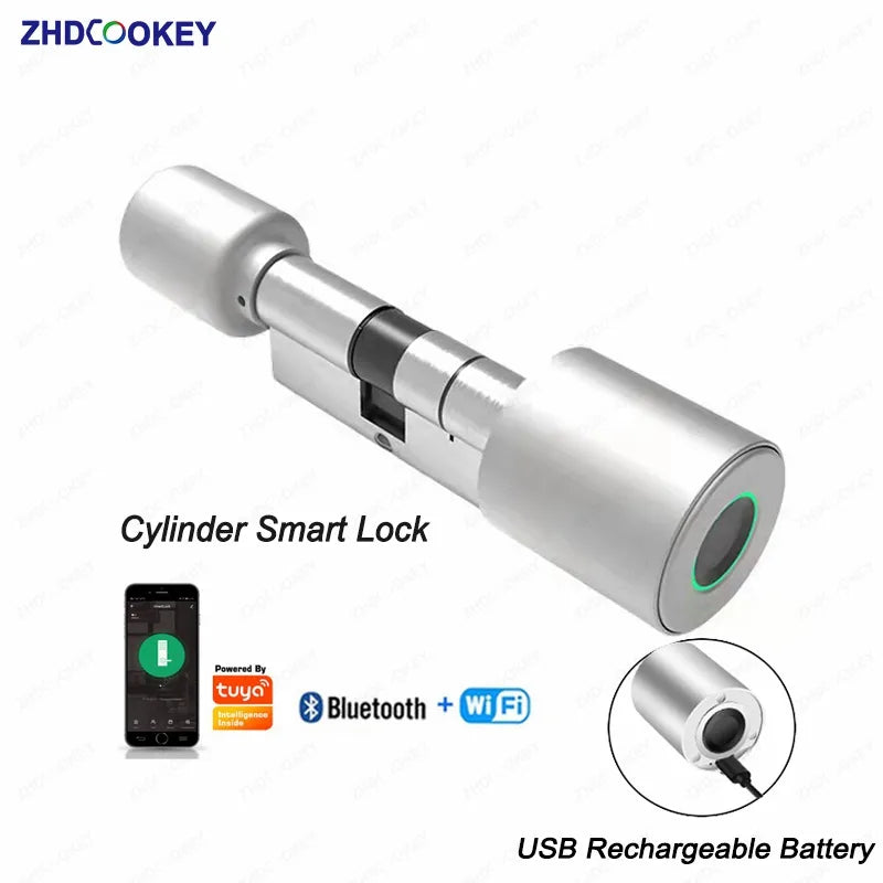 Smart Cylinder Lock Tuya 70mm Electronic Bluetooth APP Remote Biometric Fingerprint Lock Anti-Theft Security Home Door Lock