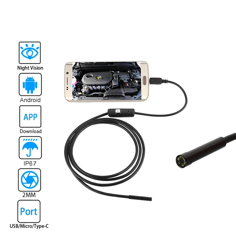 USB Mini Camera 5.5mm Hard Wire Type-C Mobile App HD Endoscope Waterproof LED Car Interior Inspection Portable