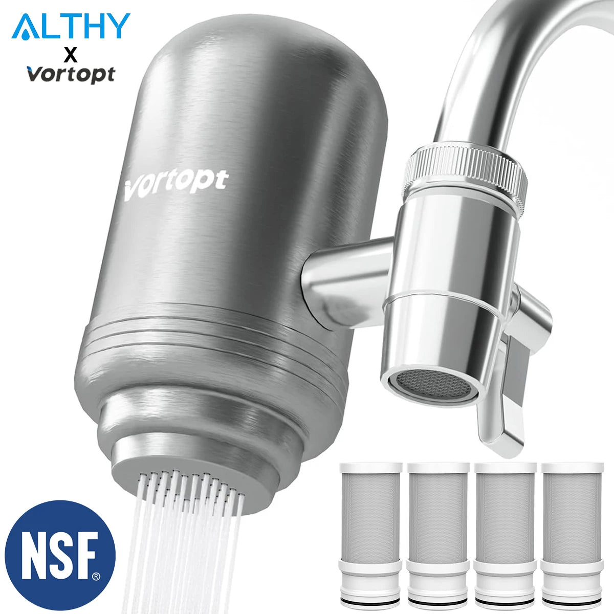 Vortopt Stainless Steel Faucet Tap Water Filter Purifier System, NSF Certified Reduces Lead, Chlorine & Bad Taste Kitchen