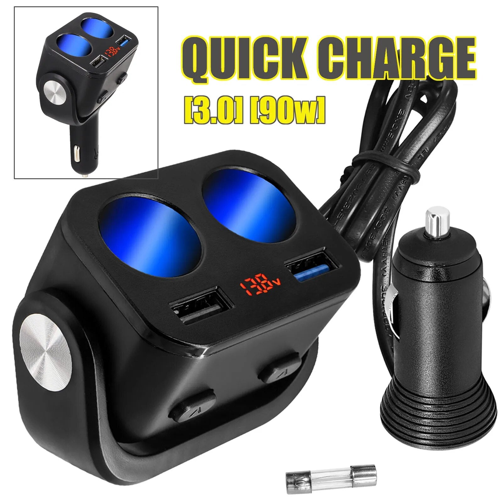 Car Cigarette Lighter Socket Extension Cord Cable USB QC3.0 Quick Charge Power Adapter Plug Phone ipad Charger Splitter Outlet