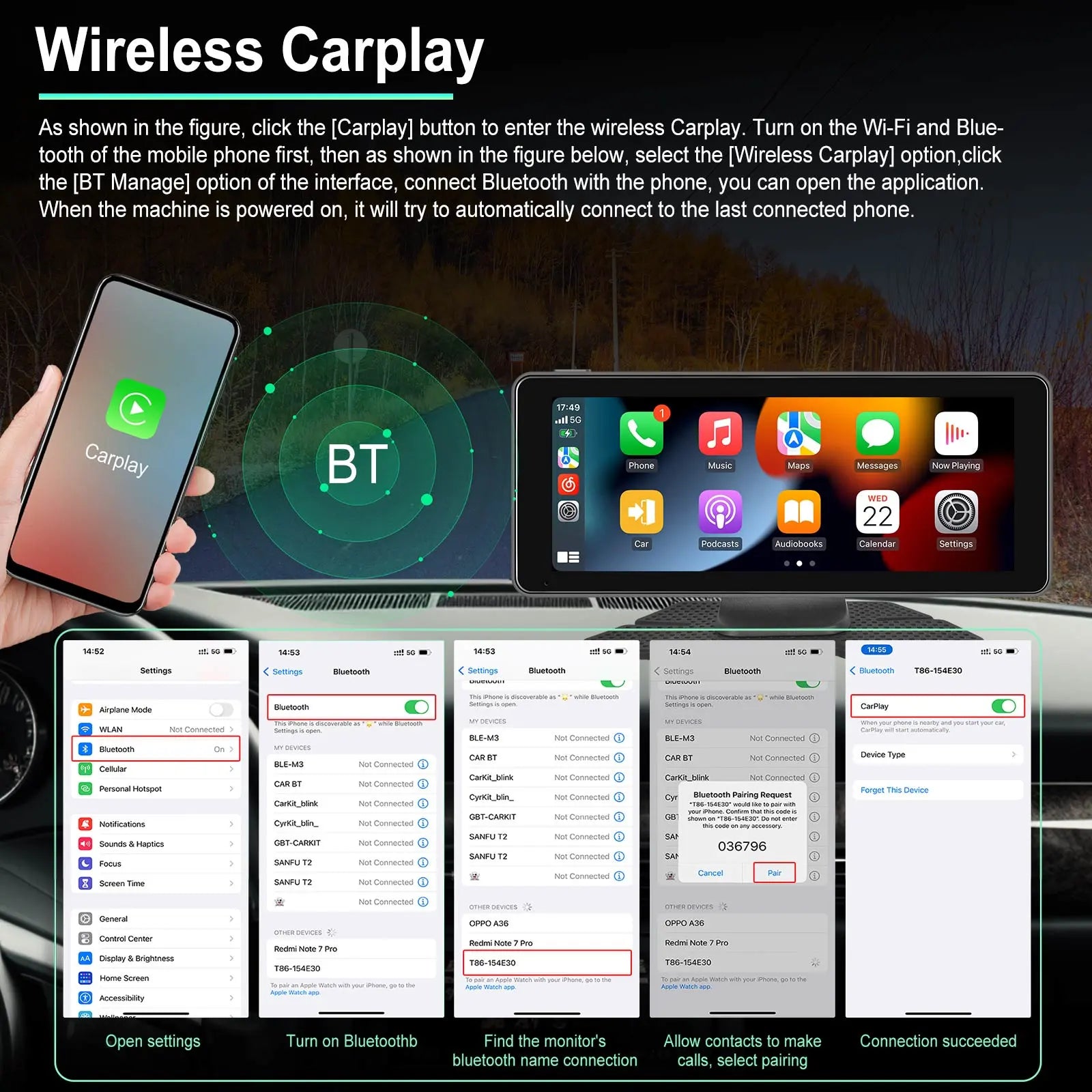 Podofo  6.86" Car Mirror Recording Carplay Android Auto Wireless Connection GPS Navigation HD Screen Dashboard DVR AI Voice