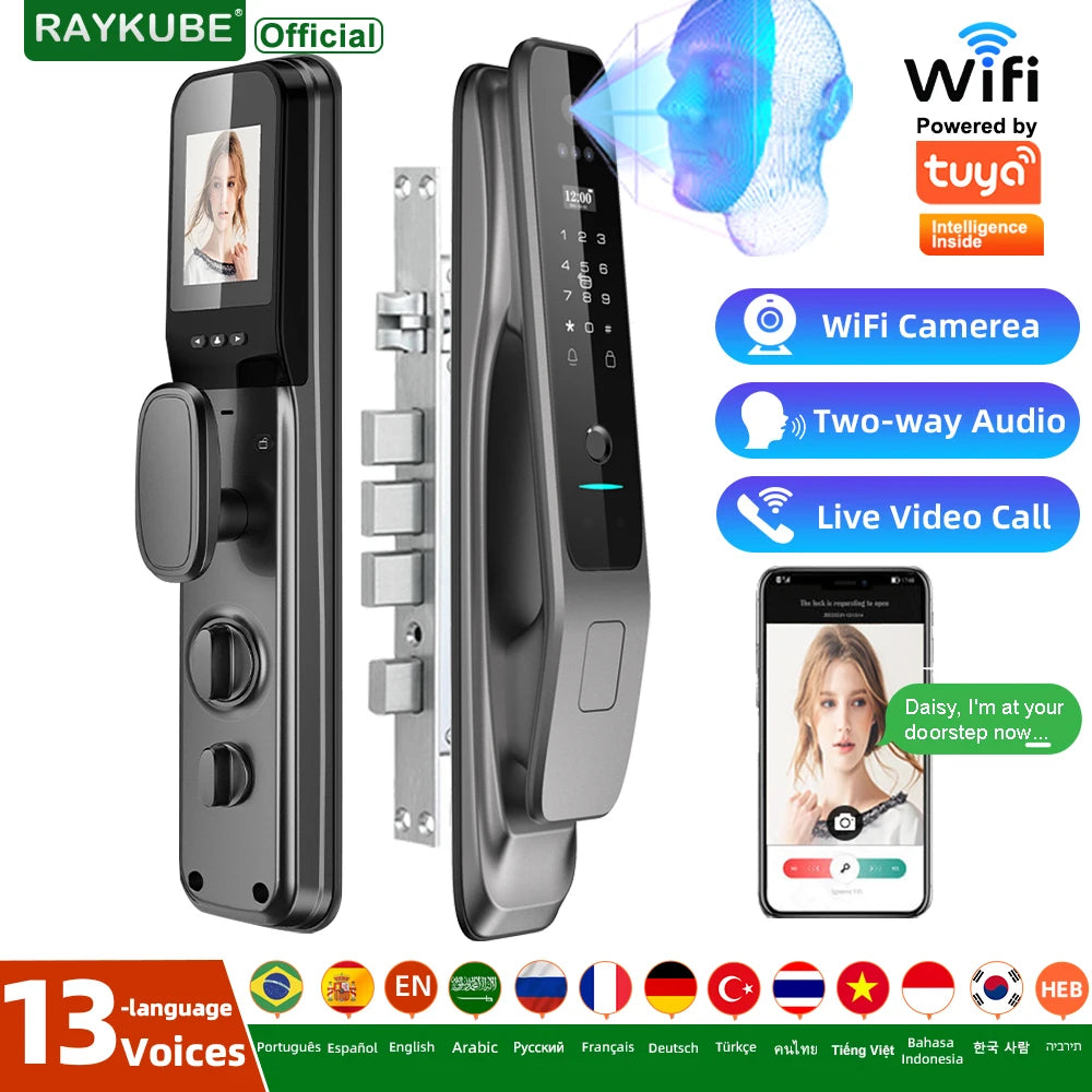 New RAYKUBE X50 Tuya WiFi 3D Face Recognition Digital Fingerprint Door Lock With WiFi Camera Remote APP Video Call 13-language