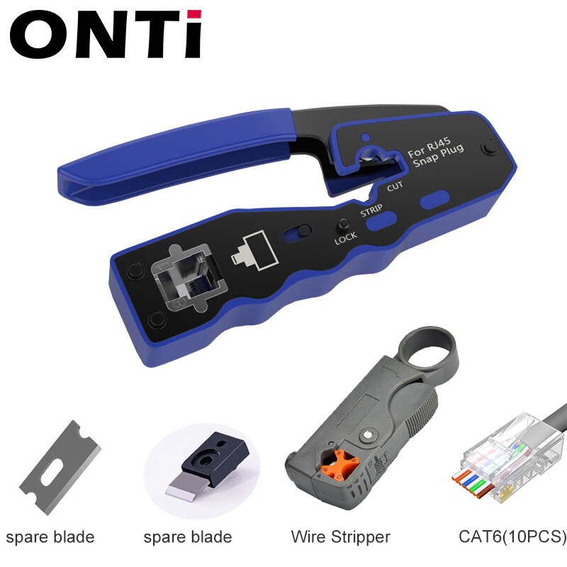 ONTi RJ45 Pass Through Crimper Tool and Rj45 Connector, Ethernet Crimper Crimping Tool Wire Stripper Cutter for Cat6a Cat5
