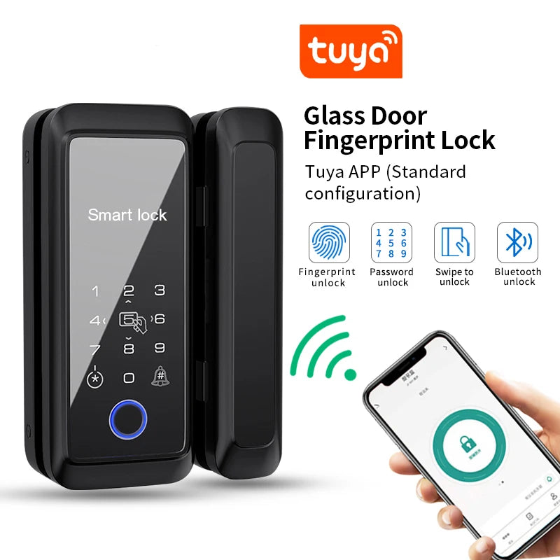 Tuya APP Control Sliding Glass Lock Fingerprint Smart Lock Bluetooth 13.56Mhz RFID Electronic Single Double Glass Door Boltlock