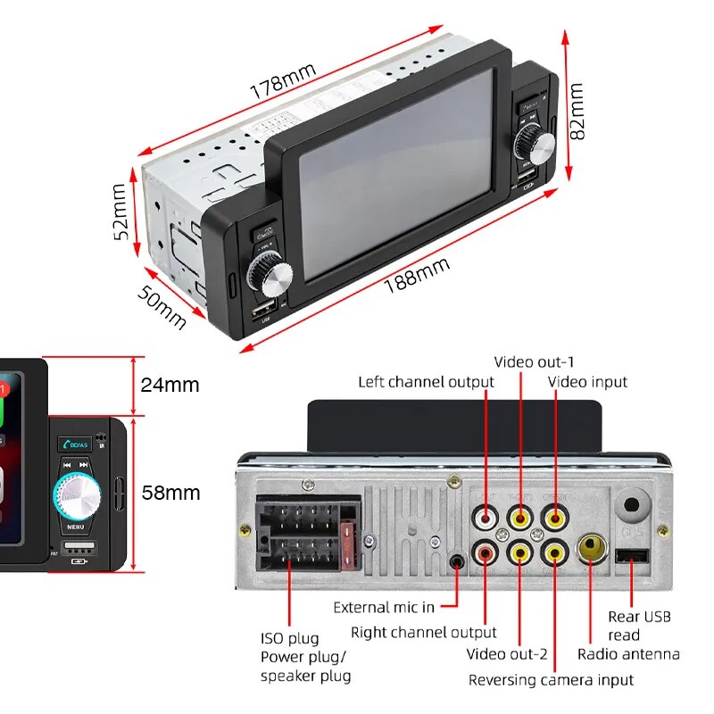 1 Din 5" CarPlay Radio Car Stereo Bluetooth MP5 Player Android-Auto Hands Free A2DP USB FM Receiver Audio System Head Unit F160C