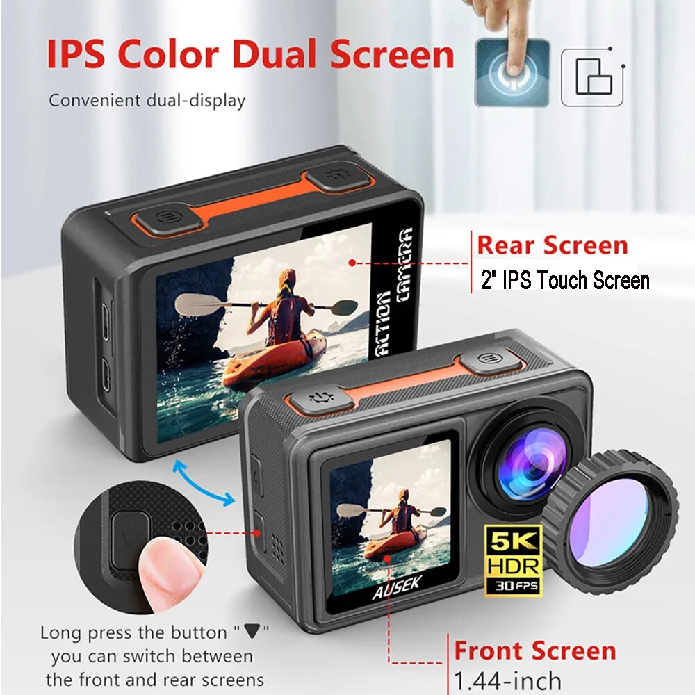 Action Camera Removable Filter 6 Lens 5K 30FPS 4K 60FPS 48MP Dual Screen 2" IPS EIS Video Shooting Go Waterproof Sports Cam Pro