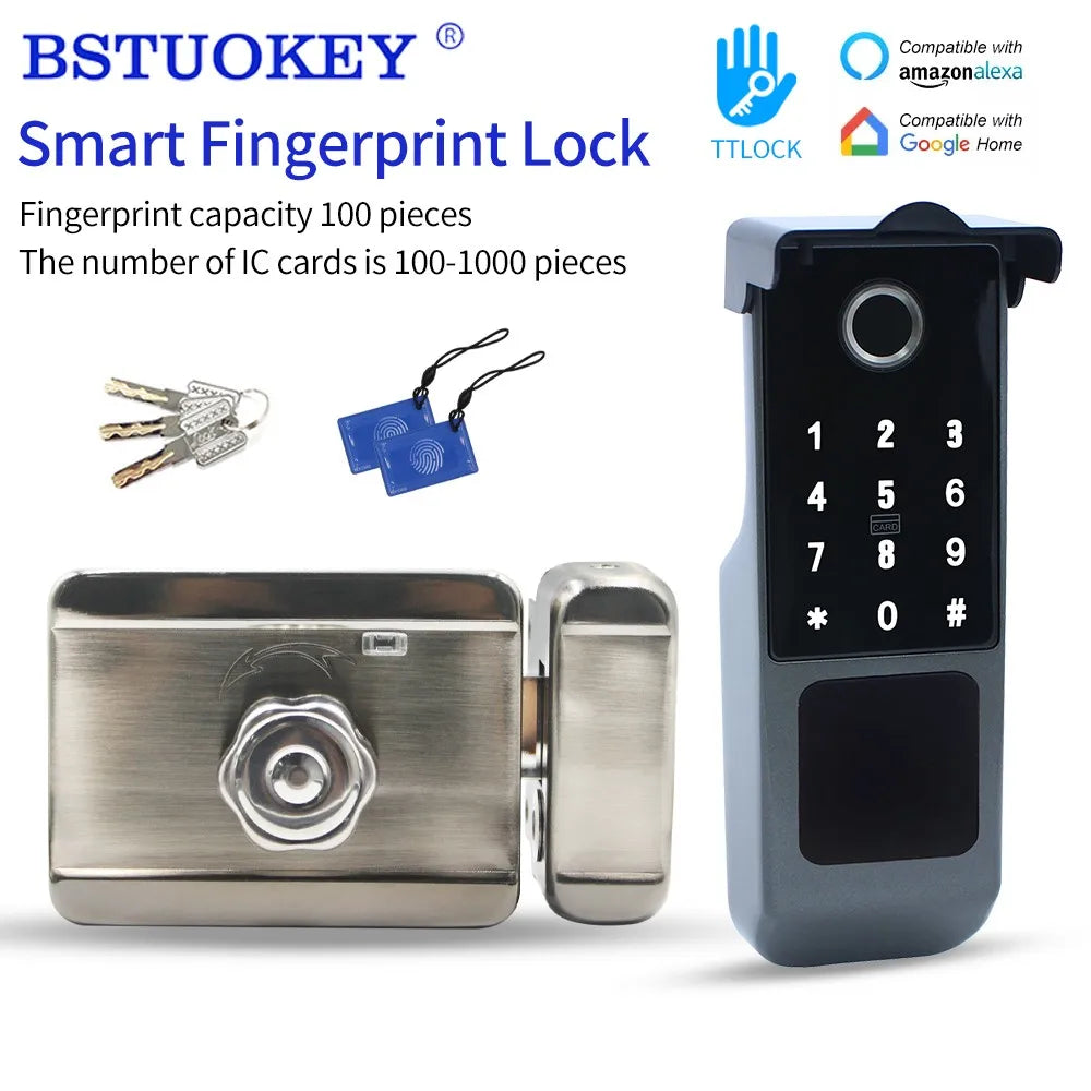 Bluetooth TTLOCK Smart Fingerprint Door Lock IP65 Waterproof APP Open Electric Rim Motor Lock Wifi Connection by M1 Gateway Key