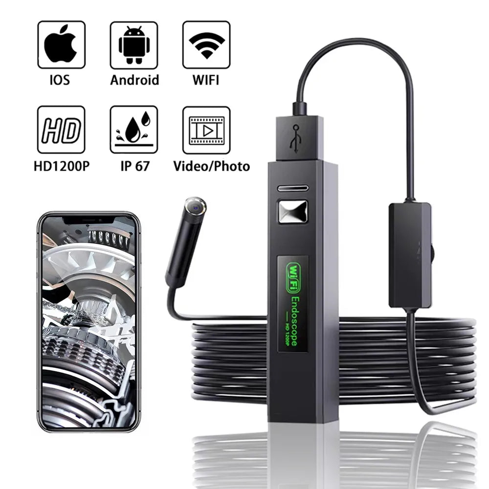 WIFI Industrial Endoscope Camera HD1200P 8mm Lens Borescope IP67 Waterproof For IPhone Smart Android USB PC Car Sewer Inspection