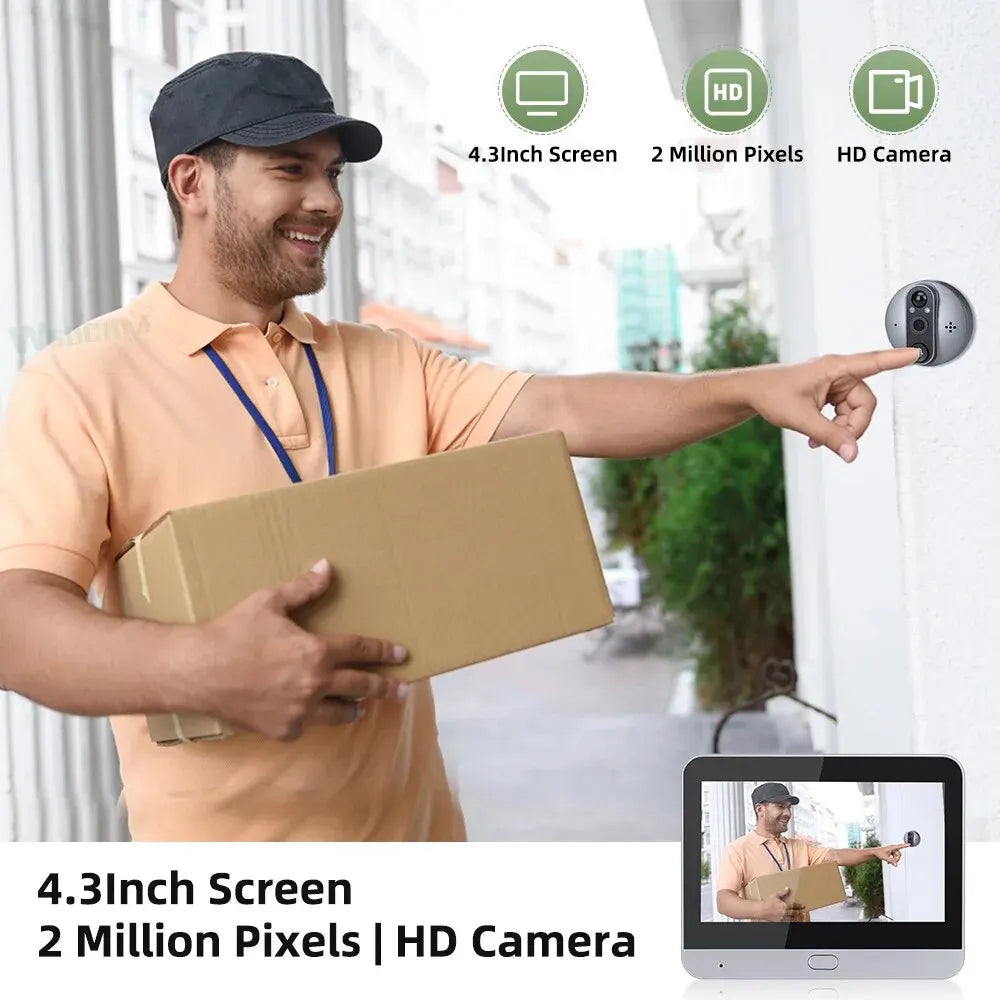 Smart Tuya 1080P WiFi Door Bell Eye Peephole Camera 5000mAh Audio 4.3' PIR FHD Infrared Alexa Google Announcement Digital Viewer