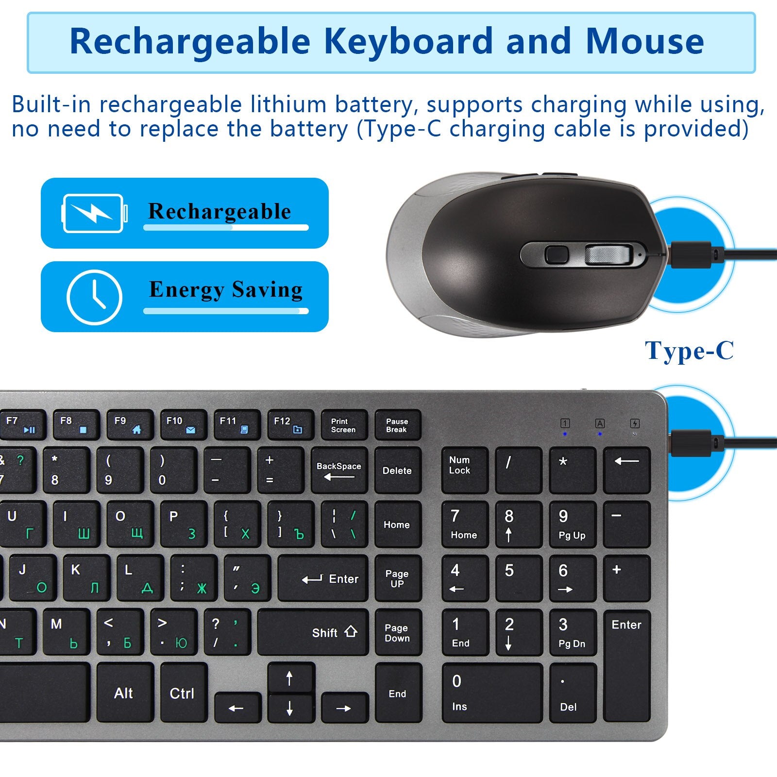 Hebrew Wireless Keyboard and Mouse Rechargeable Slim Silent Computer Keyboard Mouse Kit for Laptop PC Mac TV Box